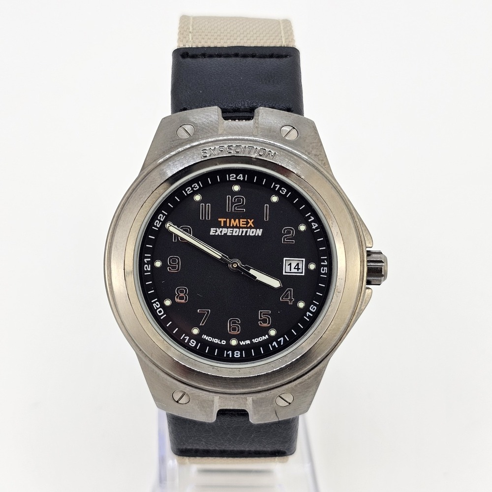 TIMEX Expedition 40MM Men Watch Black Dial Date NEW Tan Canvas Bands NEW Battery